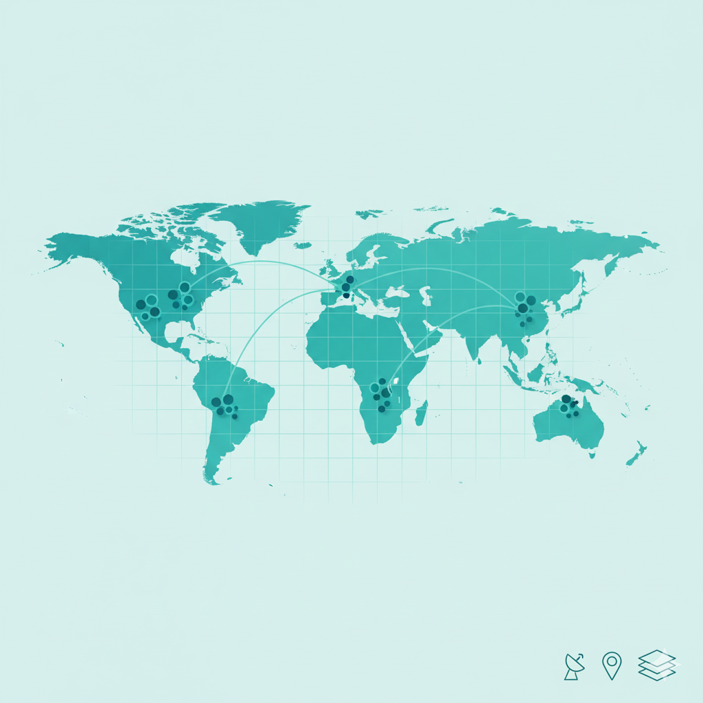 Illustration of a world map with geospatial grids and AI nodes connected by arcs, symbolizing GeoAI and spatial analysis.