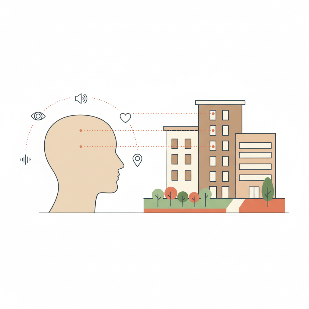 A human silhouette facing a stylized city with icons for vision, sound, and emotion, representing human-environment perception and spatial semantics.