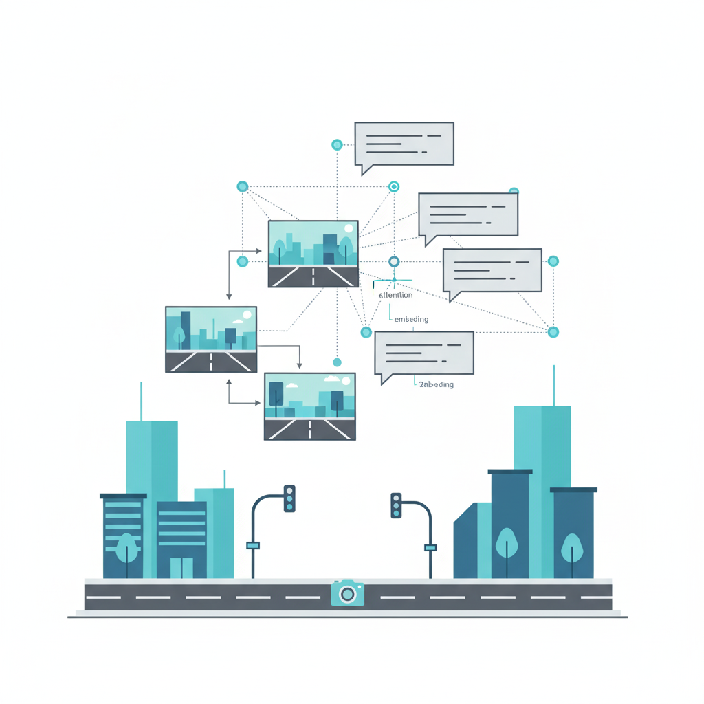 Illustration of a neural network connecting street-view images and text captions representing vision-language models for urban analysis.