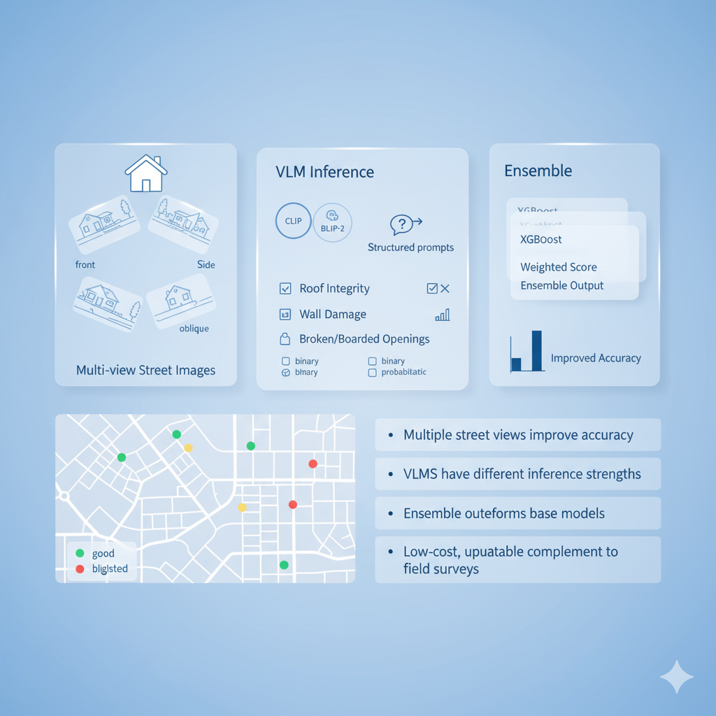 Detroit housing blight mapping from multi-view street images via VLMs and an ensemble learner.