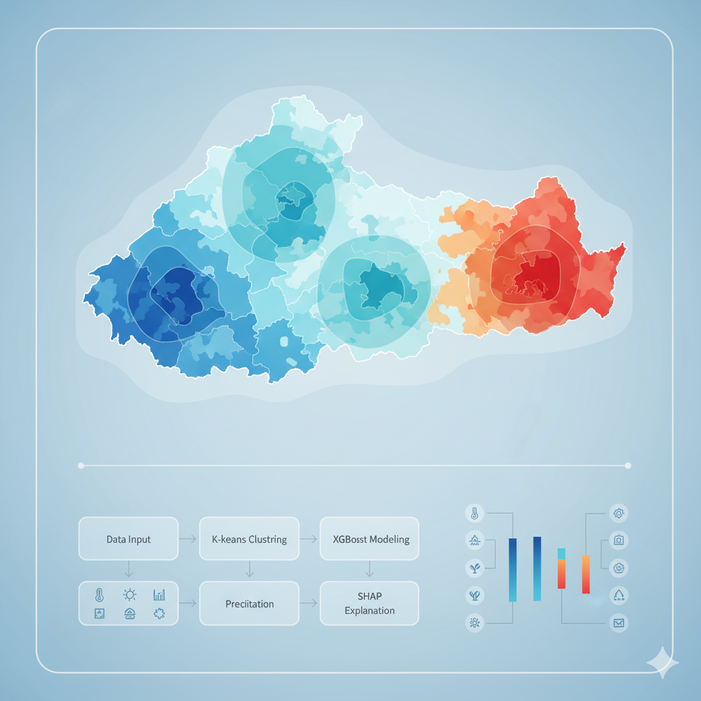 Infographic showing glacier melting clusters across Tibet and SHAP-based machine learning interpretation.