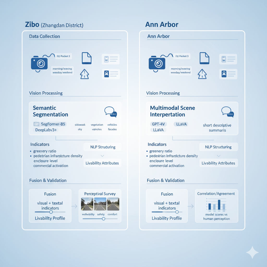 Comparative multimodal pipeline for Zibo and Ann Arbor integrating SVI+GPS, segmentation, LLM-based descriptions, fusion, and validation.