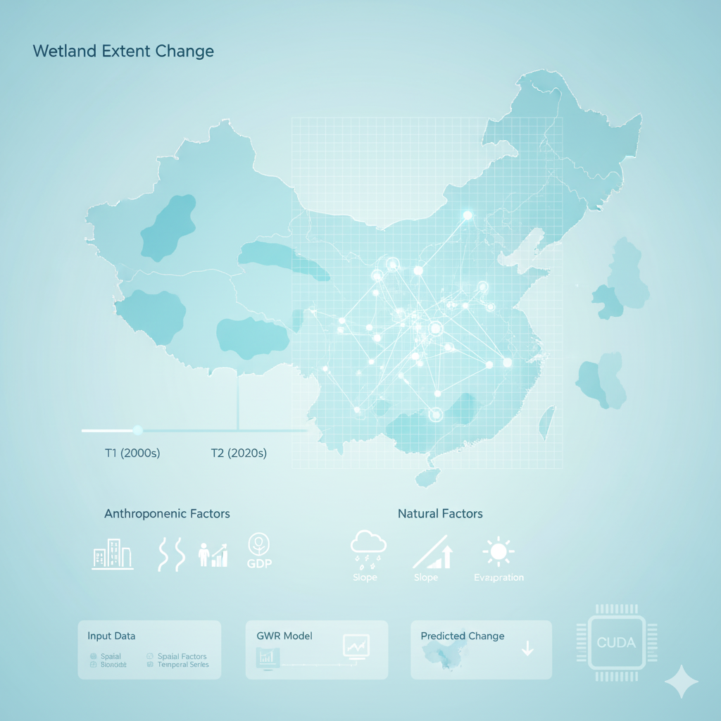 Infographic showing spatial patterns of wetland loss across China and grid-based GWR modeling workflow.