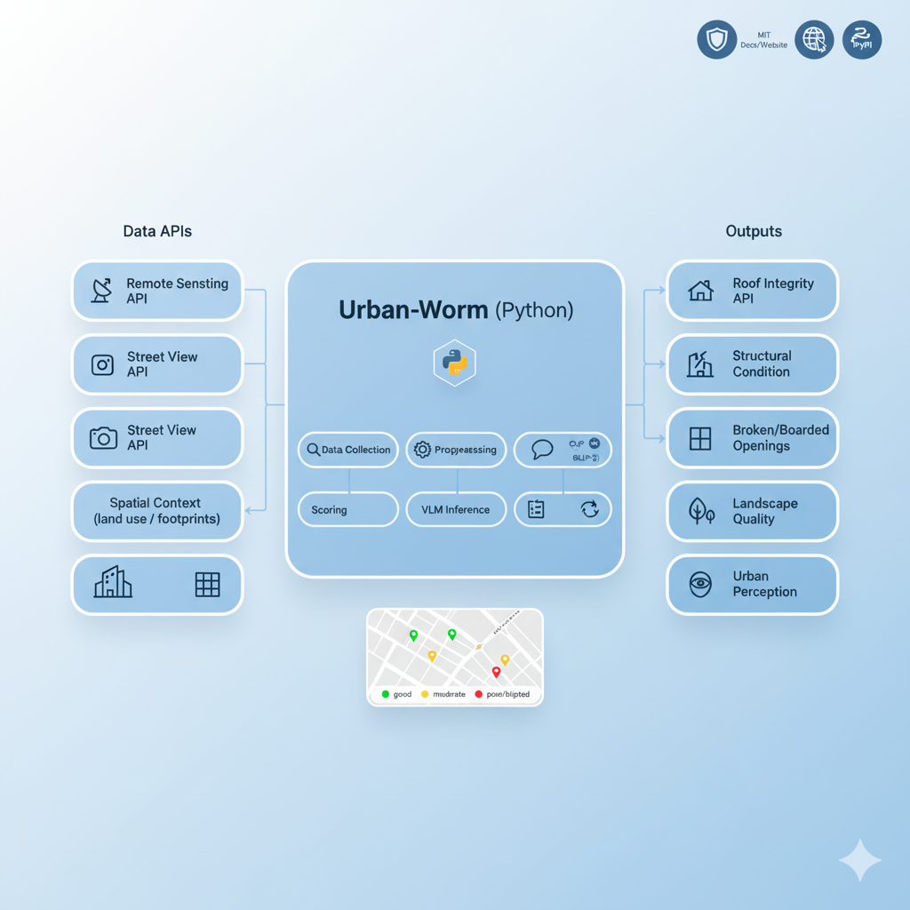 Urban-Worm Python library architecture connecting remote sensing, street view APIs, VLM inference, and urban condition outputs.